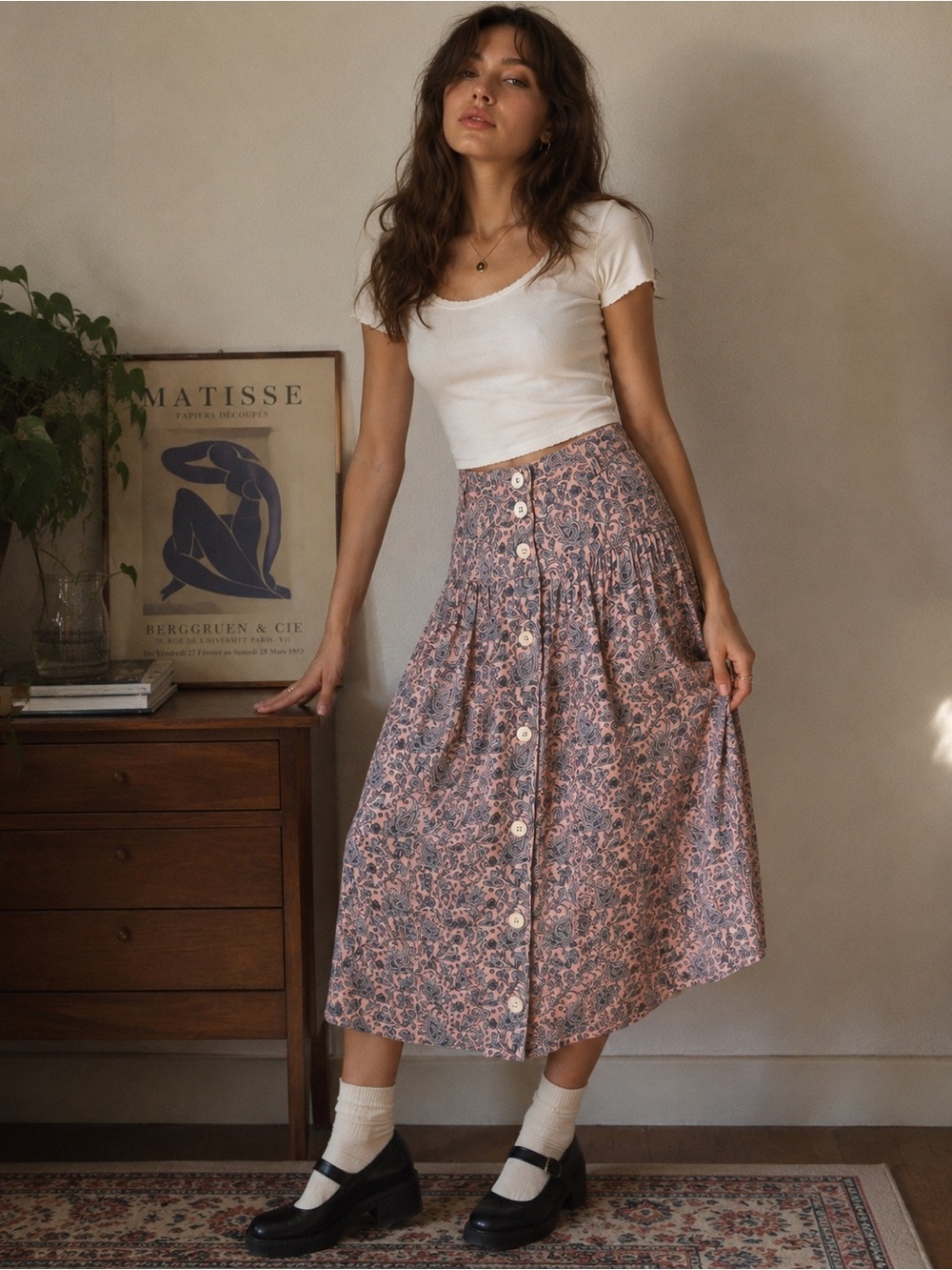 Vintage 90s Rena Rowan for Saville Pink Paisley Button Front Midi Skirt Size 6
